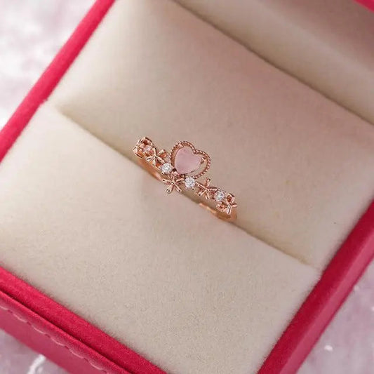 Adjustable gold ring with pink heart and zirconia